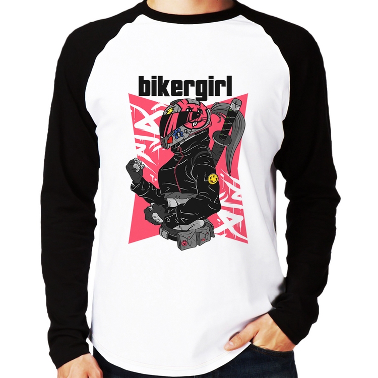 Camiseta Raglan Biker Girl Manga Longa