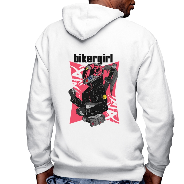 Blusa Moletom Biker Girl Masculina com Capuz e Zíper - Branca