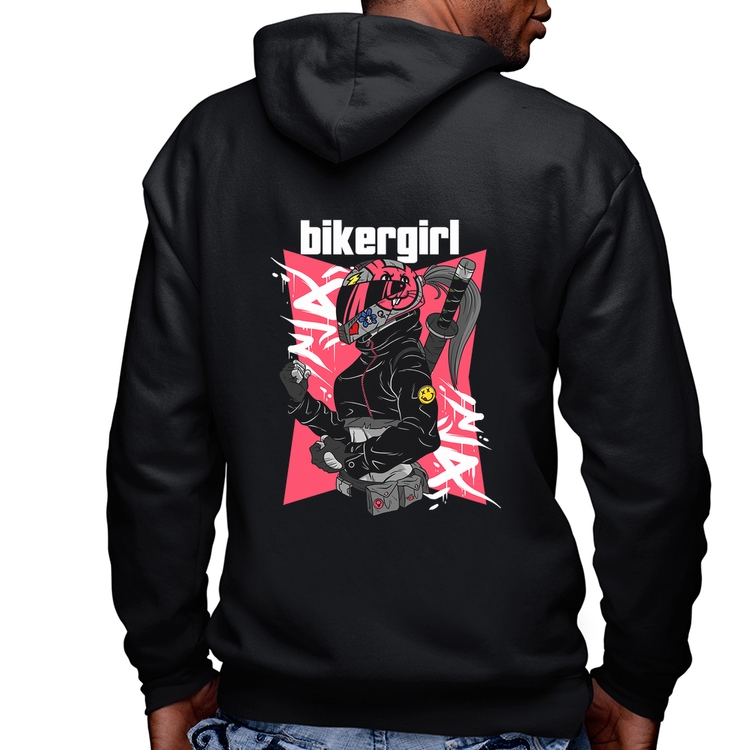 Blusa Moletom Biker Girl Masculina com Capuz e Zíper