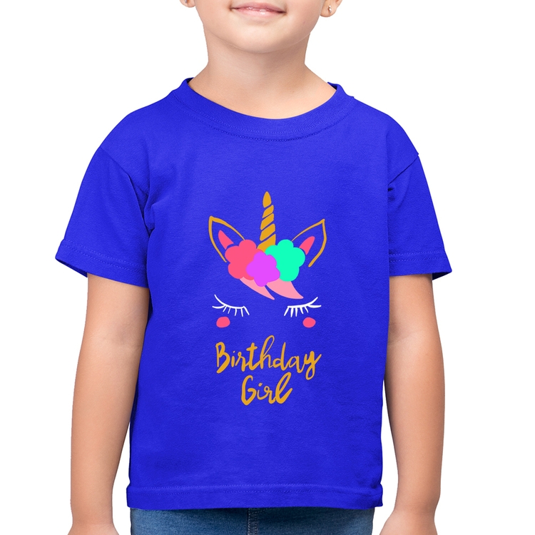Camiseta Algodão Infantil Birthday Girl - Azul Royal