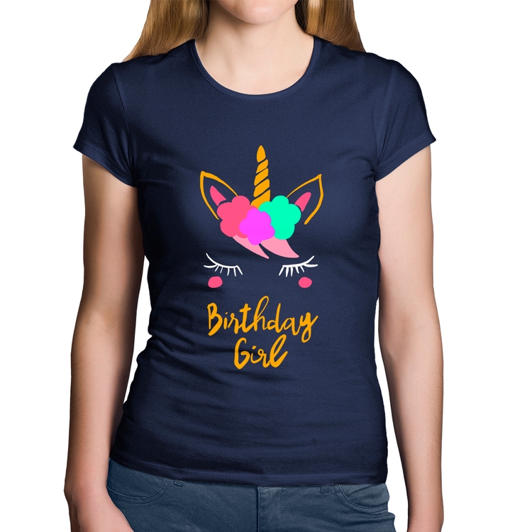 Baby Look Algodão Birthday Girl - Marinho