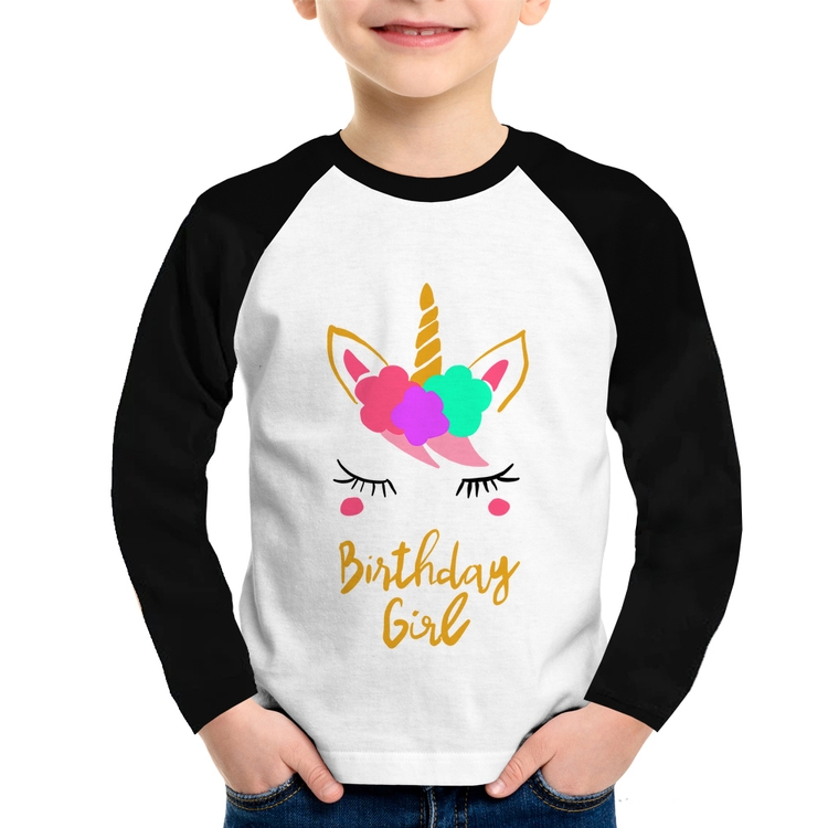 Camiseta Raglan Infantil Birthday Girl Manga Longa