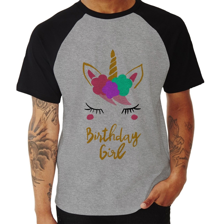 Camiseta Raglan Birthday Girl - Cinza/Preto