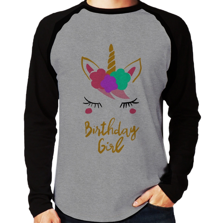 Camiseta Raglan Birthday Girl Manga Longa - Cinza/Preto