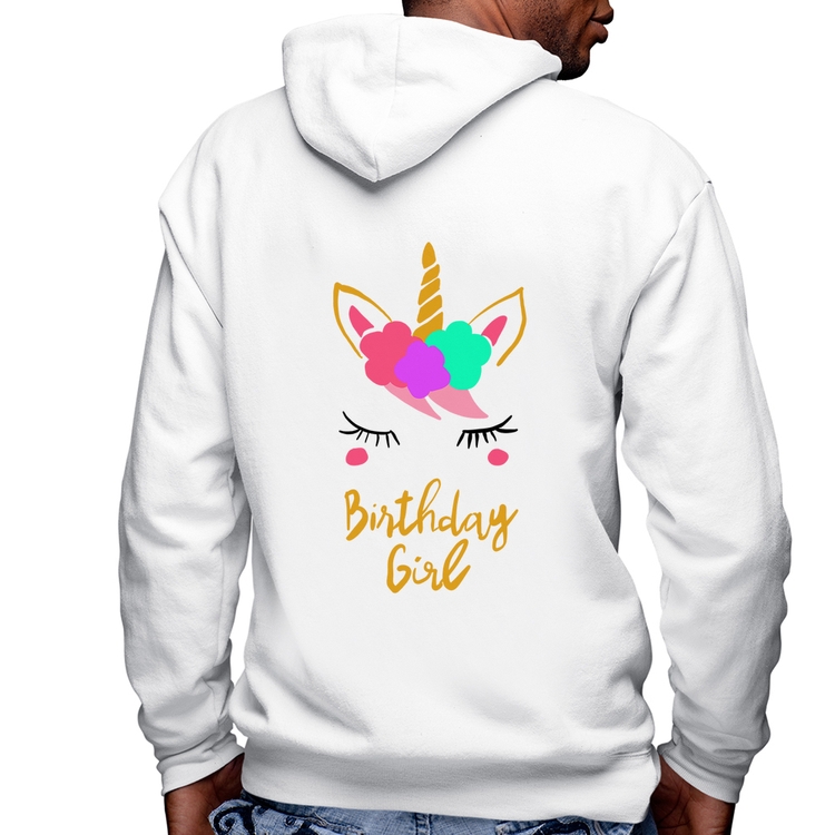 Blusa Moletom Birthday Girl Masculina com Capuz e Zíper - Branca