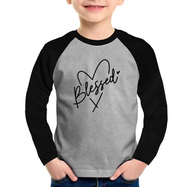 Camiseta Raglan Infantil Blessed Heart Manga Longa - Cinza/Preto