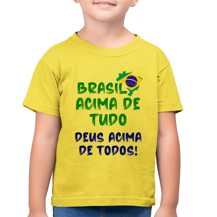Camiseta Algodão Infantil Brasil Acima de Tudo Deus Acima de Todos - Bandeira - Amarelo Canário