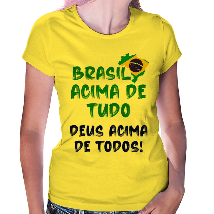 Baby Look Brasil Acima de Tudo Deus Acima de Todos - Bandeira - Amarela