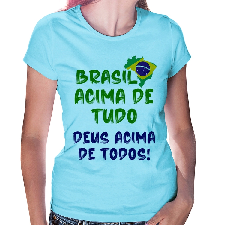 Baby Look Brasil Acima de Tudo Deus Acima de Todos - Bandeira - Azul Bebê