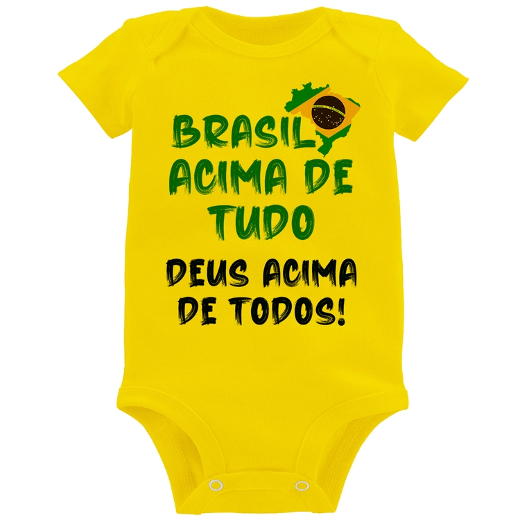 Body Bebê Brasil Acima de Tudo Deus Acima de Todos - Bandeira - Amarelo