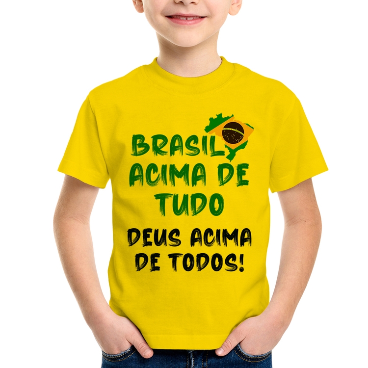 Camiseta Infantil Brasil Acima de Tudo Deus Acima de Todos - Bandeira - Amarela