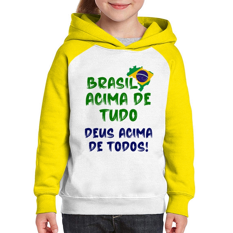 Moletom Infantil Brasil Acima de Tudo Deus Acima de Todos - Bandeira - Branco/Amarelo
