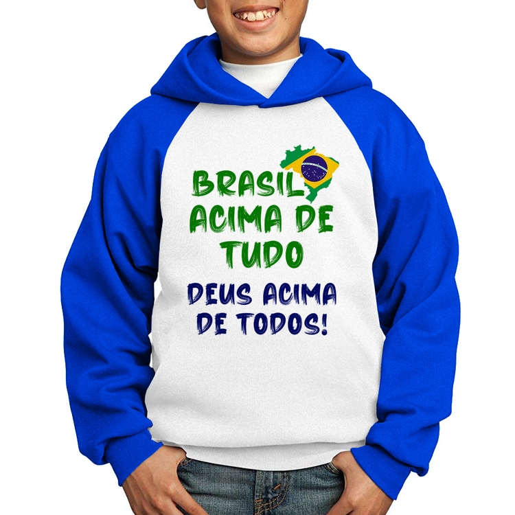 Moletom Infantil Brasil Acima de Tudo Deus Acima de Todos - Bandeira - Branco/Azul
