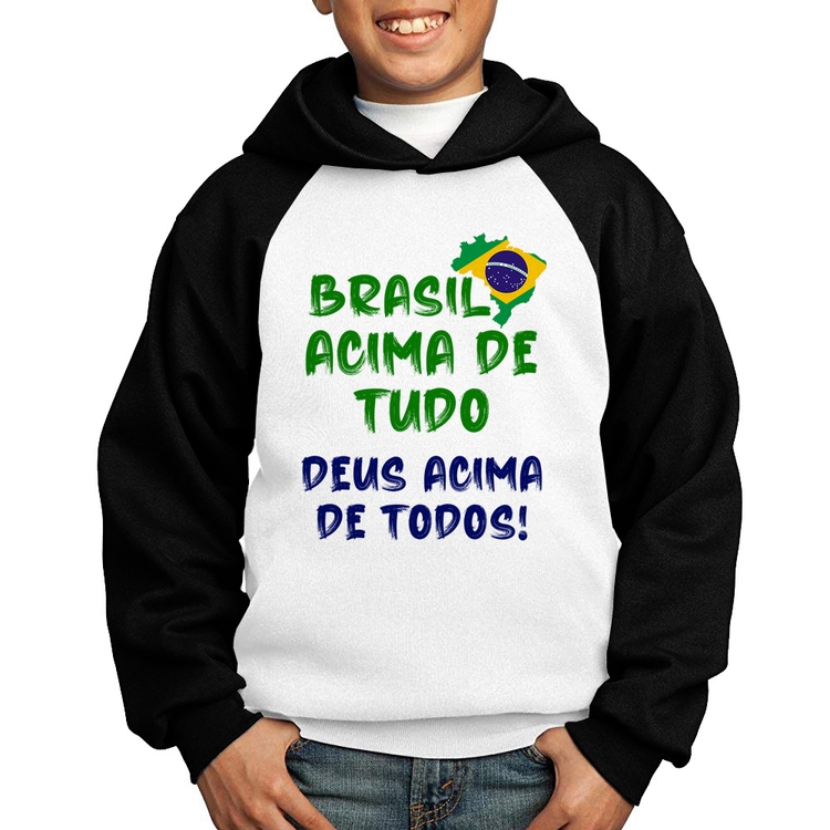 Moletom Infantil Brasil Acima de Tudo Deus Acima de Todos - Bandeira - Branco/Preto