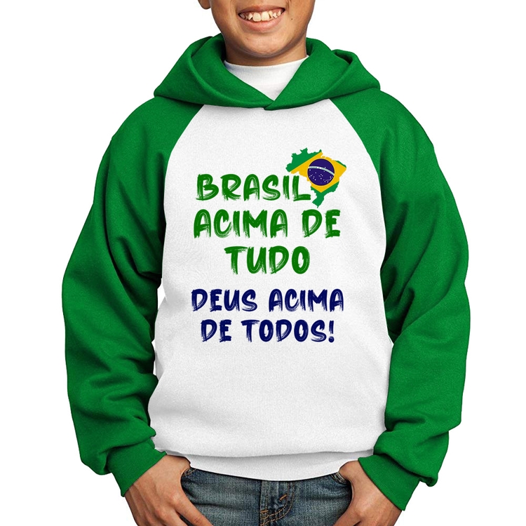 Moletom Infantil Brasil Acima de Tudo Deus Acima de Todos - Bandeira - Branco/Verde