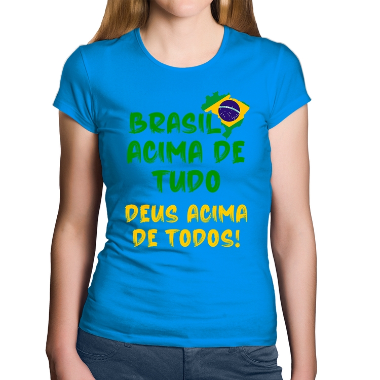 Baby Look Algodão Brasil Acima de Tudo Deus Acima de Todos - Bandeira - Azul