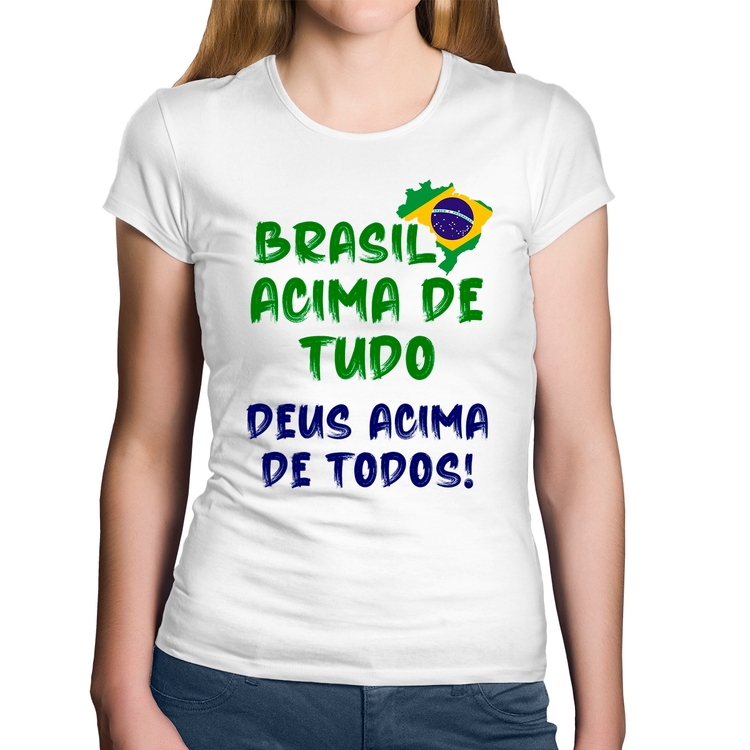 Baby Look Algodão Brasil Acima de Tudo Deus Acima de Todos - Bandeira - Branca