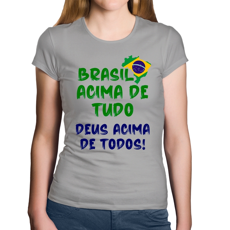Baby Look Algodão Brasil Acima de Tudo Deus Acima de Todos - Bandeira - Cinza