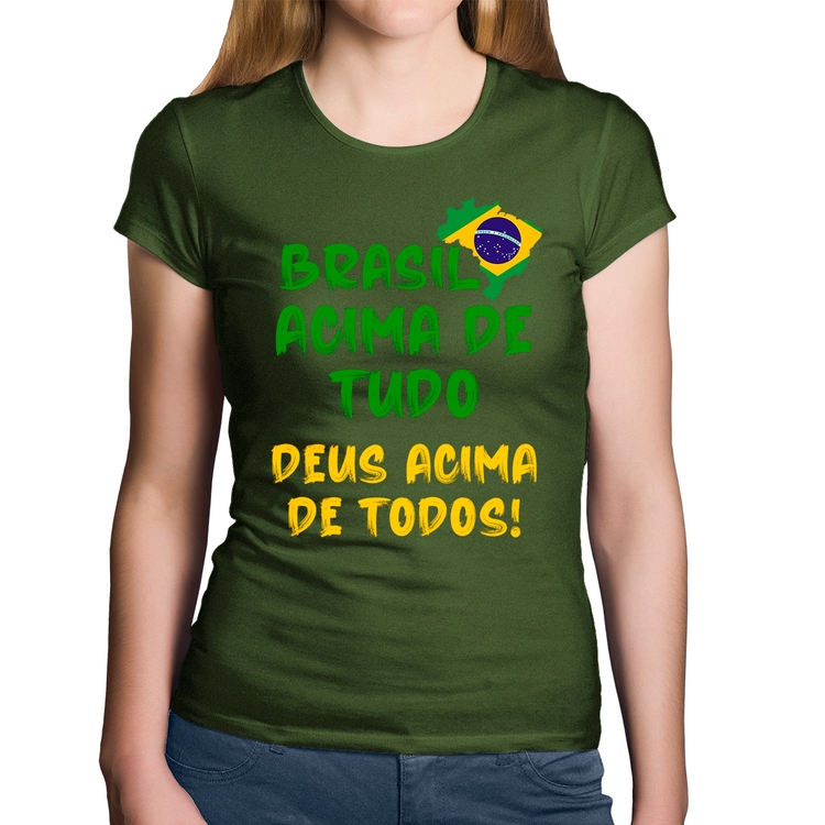 Baby Look Algodão Brasil Acima de Tudo Deus Acima de Todos - Bandeira - Musgo