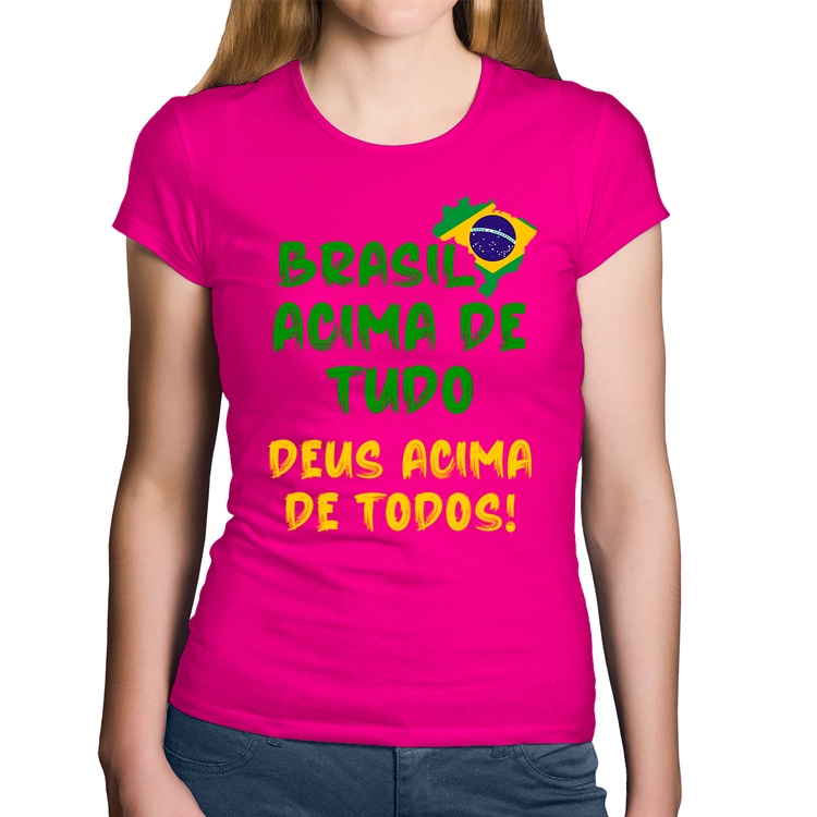 Baby Look Algodão Brasil Acima de Tudo Deus Acima de Todos - Bandeira - Rosa