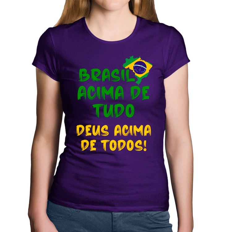 Baby Look Algodão Brasil Acima de Tudo Deus Acima de Todos - Bandeira - Roxa