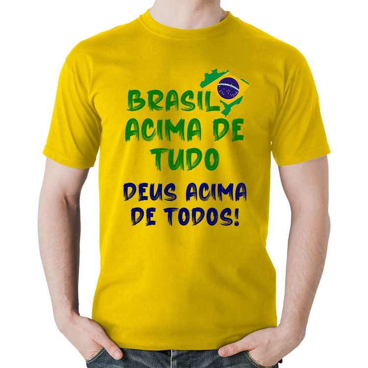 Camiseta Algodão Brasil Acima de Tudo Deus Acima de Todos - Bandeira - Amarela