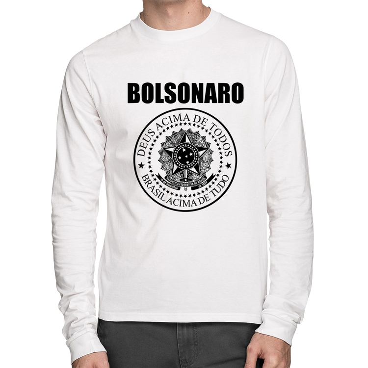 Camiseta Algodão Bolsonaro Brasil Acima de Tudo Deus Acima de Todos Manga Longa - Branca