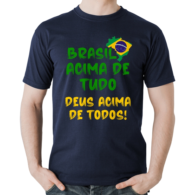 Camiseta Algodão Brasil Acima de Tudo Deus Acima de Todos - Bandeira - Marinho