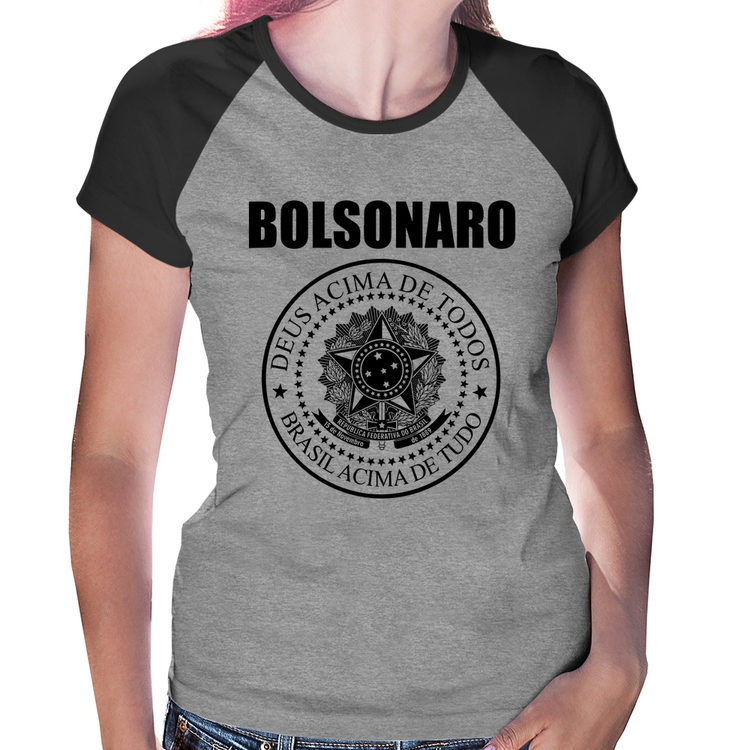 Baby Look Raglan Bolsonaro Brasil Acima de Tudo Deus Acima de Todos - Cinza/Preto