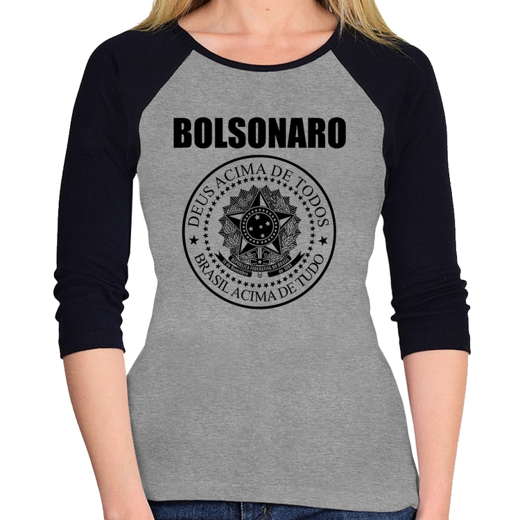 Baby Look Raglan Bolsonaro Brasil Acima de Tudo Deus Acima de Todos Manga 3/4 - Cinza/Preto