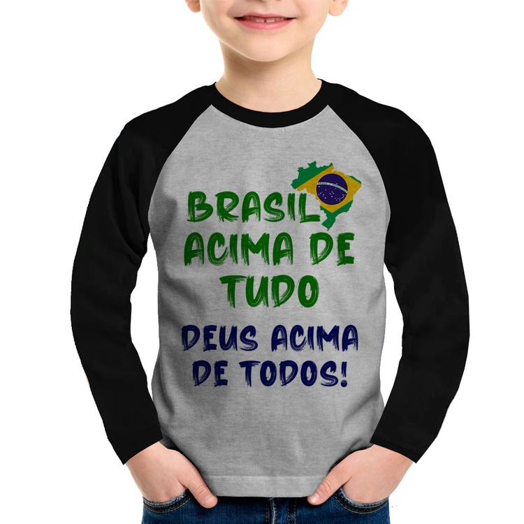 Camiseta Raglan Infantil Brasil Acima de Tudo Deus Acima de Todos - Bandeira Manga Longa - Cinza/Preto
