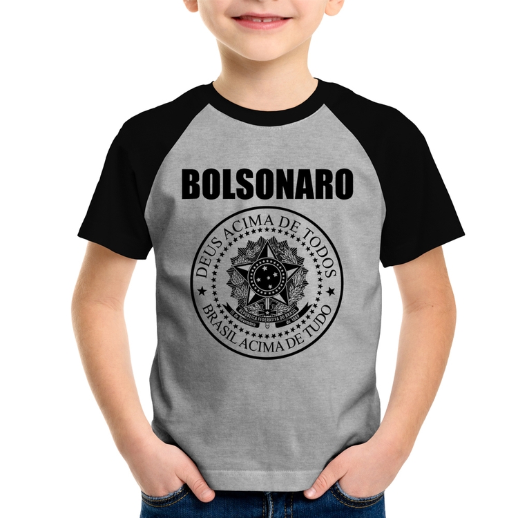 Camiseta Raglan Infantil Bolsonaro Brasil Acima de Tudo Deus Acima de Todos - Cinza/Preto