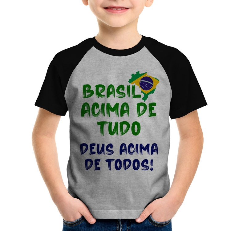 Camiseta Raglan Infantil Brasil Acima de Tudo Deus Acima de Todos - Bandeira - Cinza/Preto