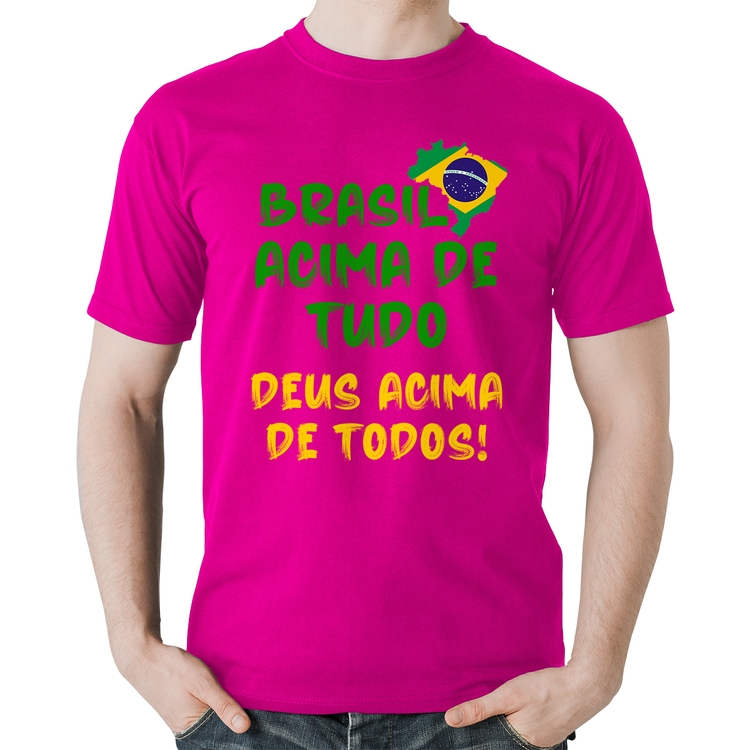 Camiseta Algodão Brasil Acima de Tudo Deus Acima de Todos - Bandeira - Rosa