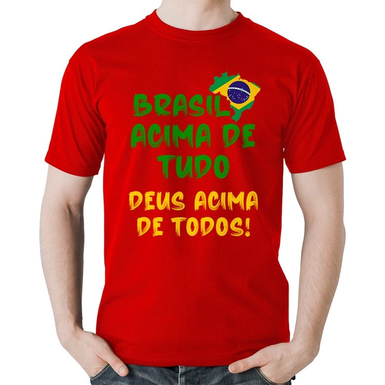 Camiseta Algodão Brasil Acima de Tudo Deus Acima de Todos - Bandeira - Vermelha