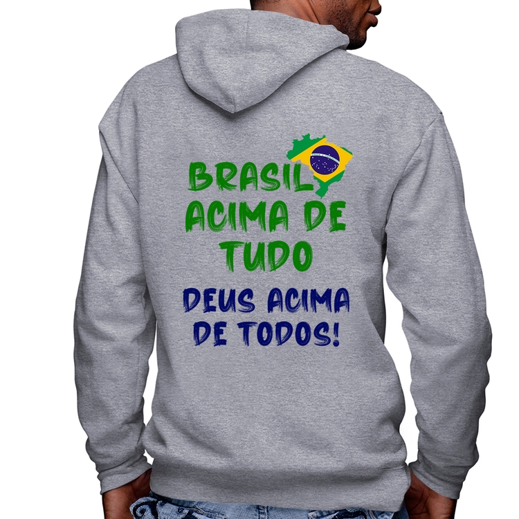 Blusa Moletom Brasil Acima de Tudo Deus Acima de Todos - Bandeira Masculina com Capuz e Zíper - Mescla