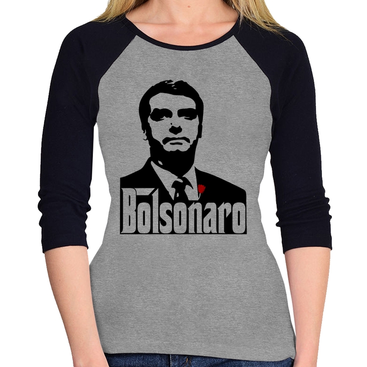 Baby Look Raglan Bolsonaro O Poderoso Chefão Manga 3/4 - Cinza/Preto