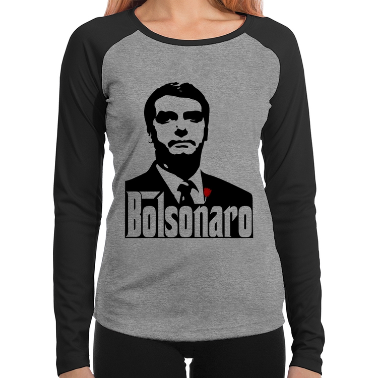 Baby Look Raglan Bolsonaro O Poderoso Chefão Manga Longa - Cinza/Preto