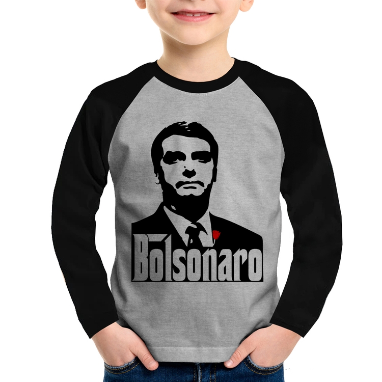 Camiseta Raglan Infantil Bolsonaro O Poderoso Chefão Manga Longa - Cinza/Preto