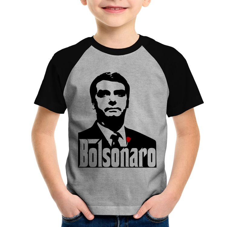 Camiseta Raglan Infantil Bolsonaro O Poderoso Chefão - Cinza/Preto
