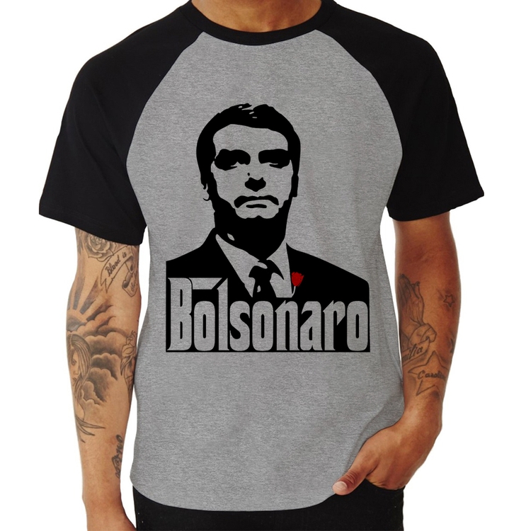 Camiseta Raglan Bolsonaro O Poderoso Chefão - Cinza/Preto