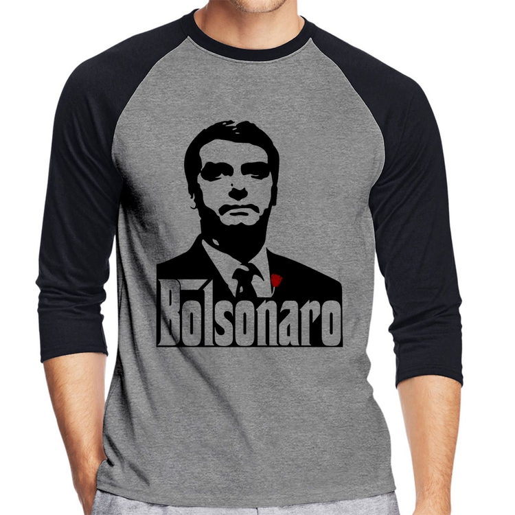 Camiseta Raglan Bolsonaro O Poderoso Chefão Manga 3/4 - Cinza/Preto