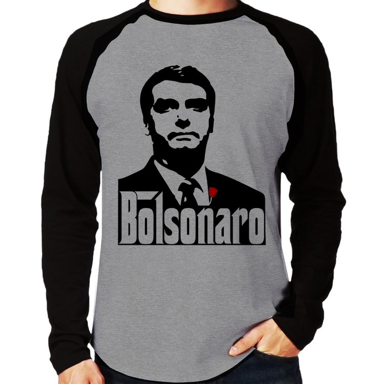 Camiseta Raglan Bolsonaro O Poderoso Chefão Manga Longa - Cinza/Preto