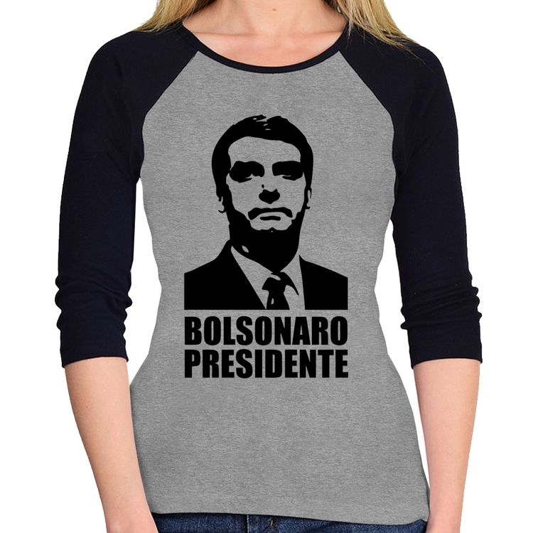 Baby Look Raglan Bolsonaro Presidente Manga 3/4 - Cinza/Preto