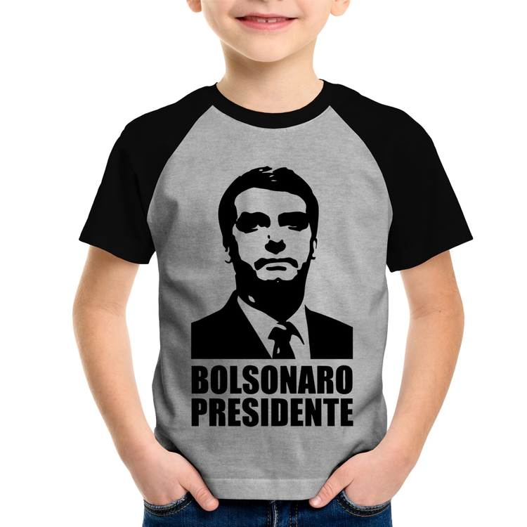 Camiseta Raglan Infantil Bolsonaro Presidente - Cinza/Preto