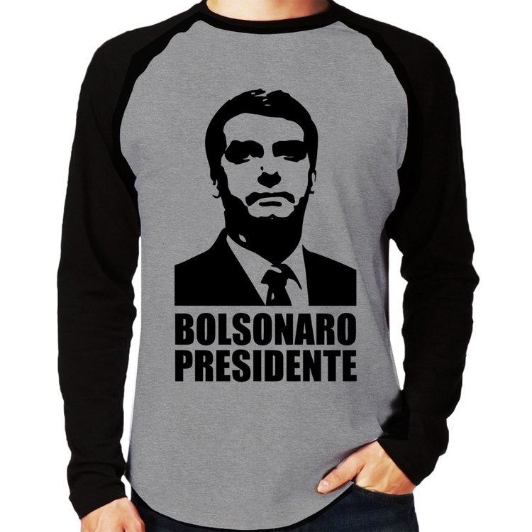 Camiseta Raglan Bolsonaro Presidente Manga Longa - Cinza/Preto