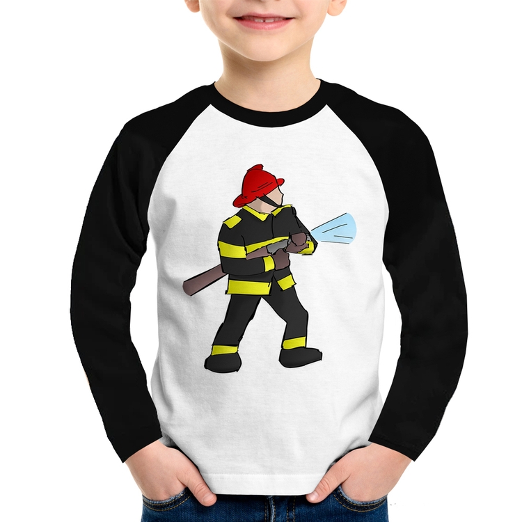 Camiseta Raglan Infantil Bombeiro Manga Longa