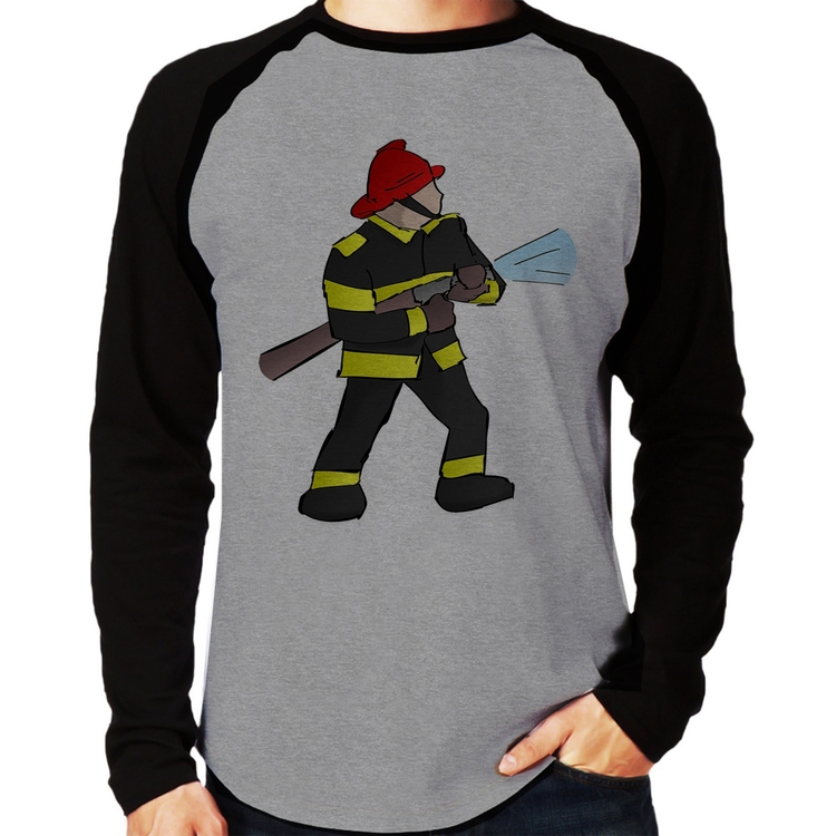 Camiseta Raglan Bombeiro Manga Longa - Cinza/Preto