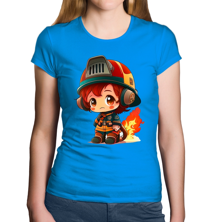 Baby Look Algodão Bombeiro Mirim - Azul