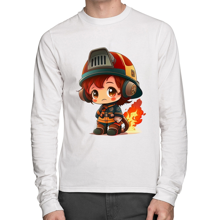 Camiseta Algodão Bombeiro Mirim Manga Longa - Branca